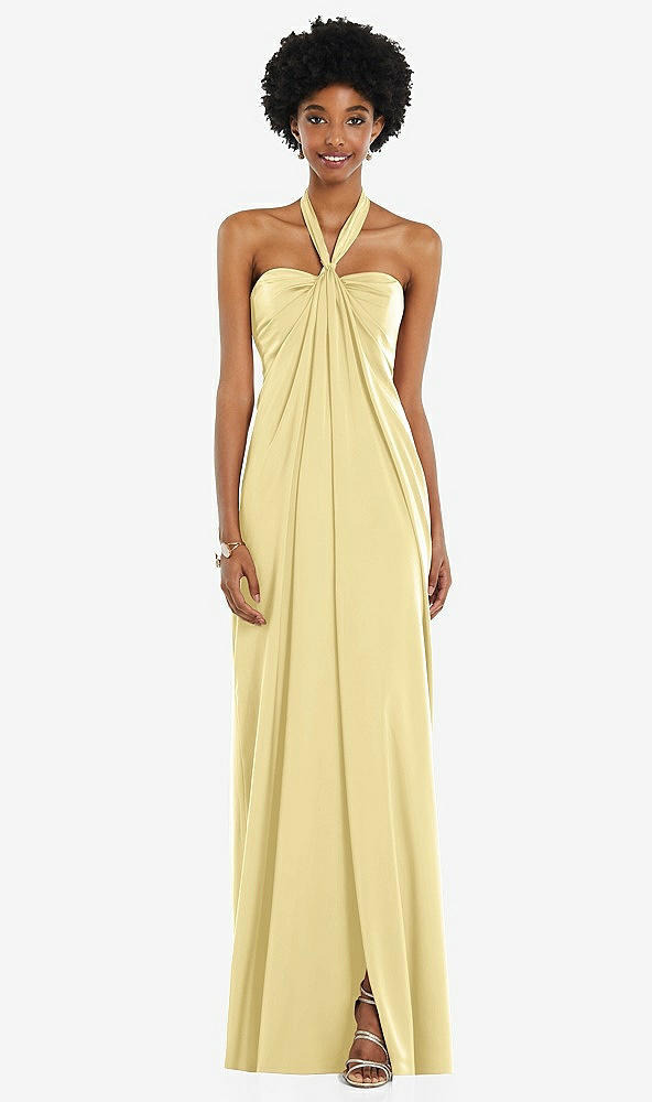 Front View - Pale Yellow Draped Satin Grecian Column Gown with Convertible Straps