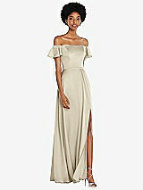 Front View Thumbnail - Champagne Straight-Neck Ruffled Off-the-Shoulder Satin Maxi Dress