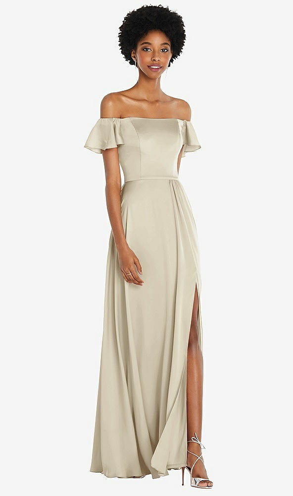 Front View - Champagne Straight-Neck Ruffled Off-the-Shoulder Satin Maxi Dress