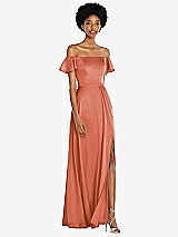 Front View Thumbnail - Terracotta Copper Straight-Neck Ruffled Off-the-Shoulder Satin Maxi Dress