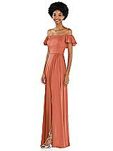 Side View Thumbnail - Terracotta Copper Straight-Neck Ruffled Off-the-Shoulder Satin Maxi Dress
