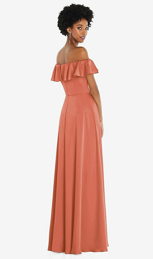 Back View - Terracotta Copper Straight-Neck Ruffled Off-the-Shoulder Satin Maxi Dress