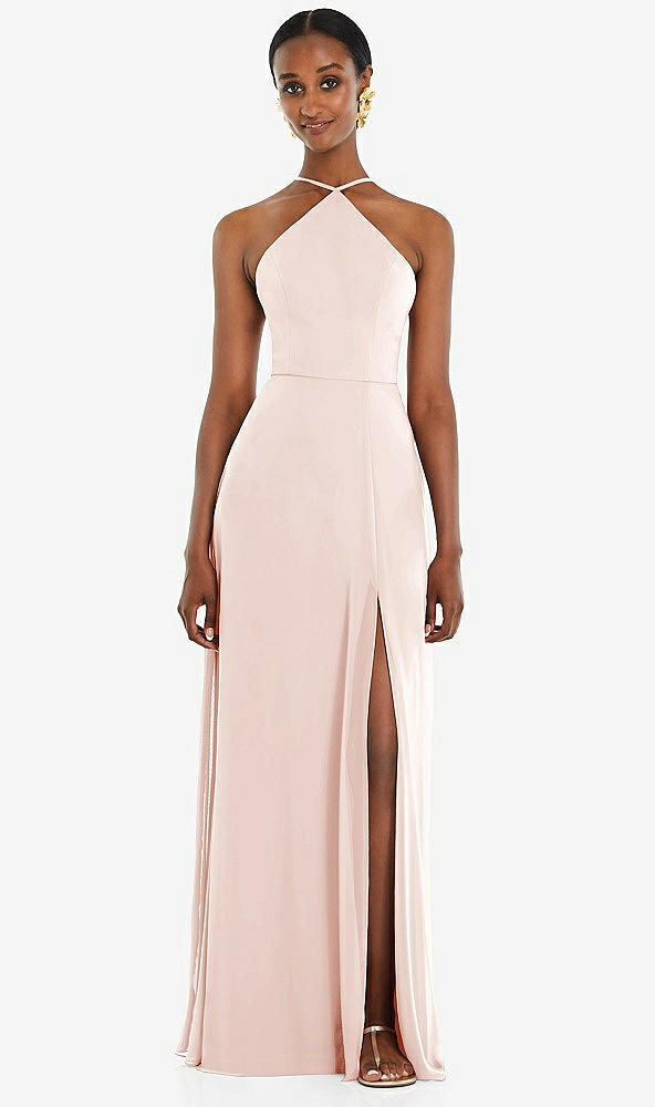 Front View - Blush Diamond Halter Maxi Dress with Adjustable Straps