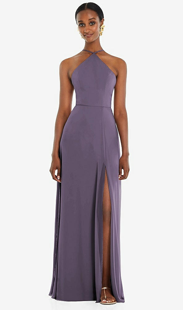 Front View - Lavender Diamond Halter Maxi Dress with Adjustable Straps