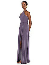 Side View Thumbnail - Lavender Diamond Halter Maxi Dress with Adjustable Straps
