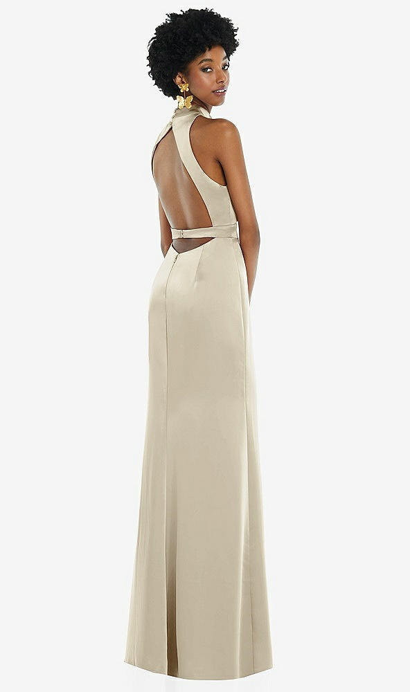 Back View - Champagne High Neck Backless Maxi Dress with Slim Belt