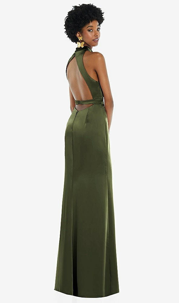 Back View - Olive Green High Neck Backless Maxi Dress with Slim Belt