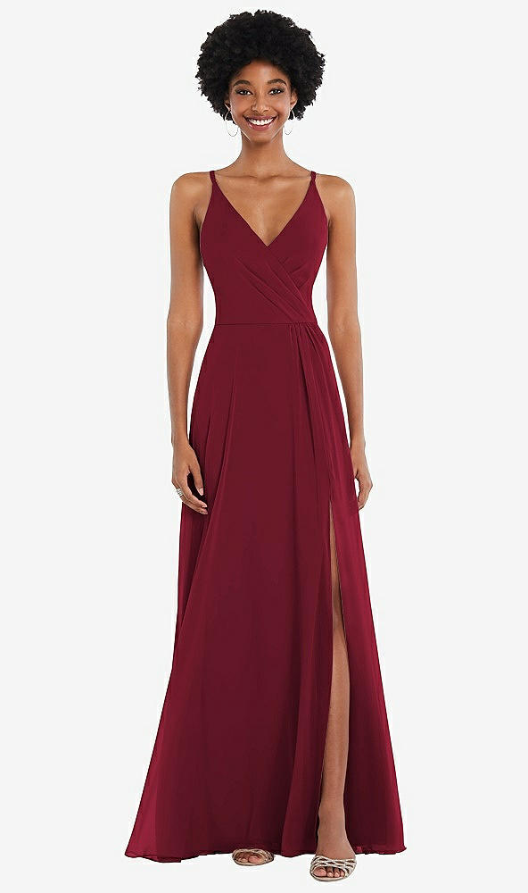 Front View - Burgundy Faux Wrap Criss Cross Back Maxi Dress with Adjustable Straps