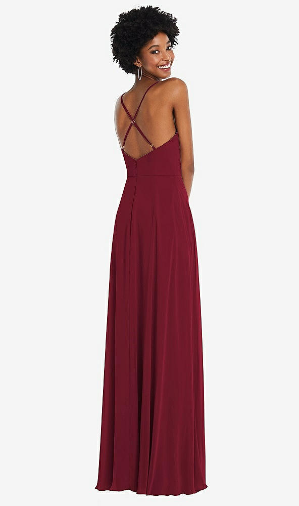 Back View - Burgundy Faux Wrap Criss Cross Back Maxi Dress with Adjustable Straps