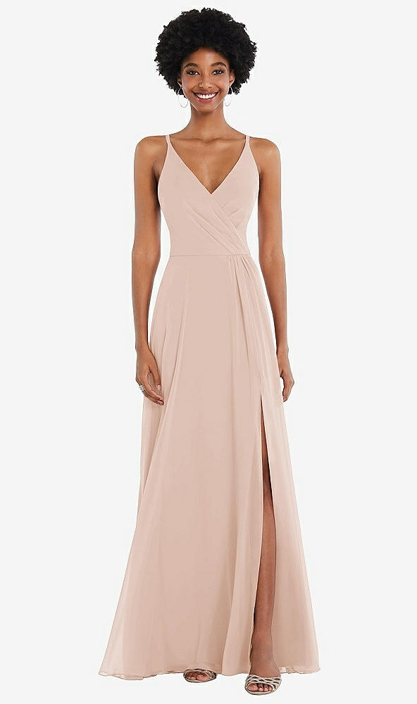 Front View - Cameo Faux Wrap Criss Cross Back Maxi Dress with Adjustable Straps