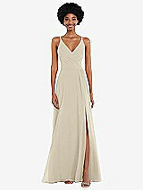 Front View Thumbnail - Champagne Faux Wrap Criss Cross Back Maxi Dress with Adjustable Straps
