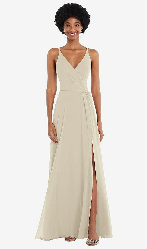 Front View - Champagne Faux Wrap Criss Cross Back Maxi Dress with Adjustable Straps