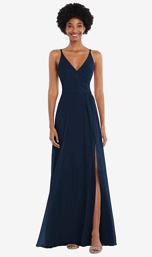 Front View - Midnight Navy Faux Wrap Criss Cross Back Maxi Dress with Adjustable Straps