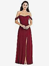 Front View Thumbnail - Burgundy Off-the-Shoulder Draped Sleeve Maxi Dress with Front Slit