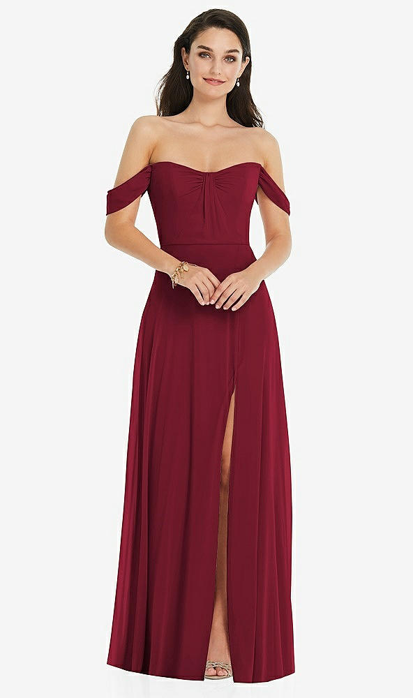 Front View - Burgundy Off-the-Shoulder Draped Sleeve Maxi Dress with Front Slit