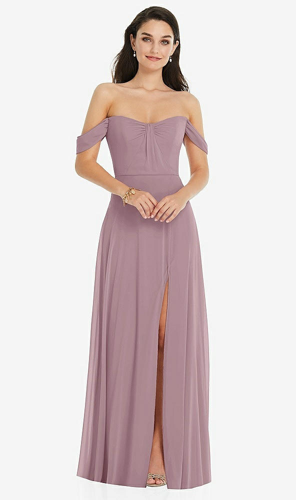 Front View - Dusty Rose Off-the-Shoulder Draped Sleeve Maxi Dress with Front Slit