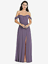Front View Thumbnail - Lavender Off-the-Shoulder Draped Sleeve Maxi Dress with Front Slit