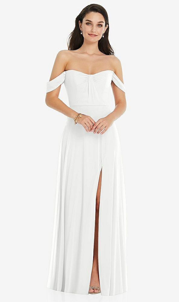 Front View - White Off-the-Shoulder Draped Sleeve Maxi Dress with Front Slit