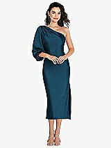 Front View Thumbnail - Atlantic Blue One-Shoulder Puff Sleeve Midi Bias Dress with Side Slit