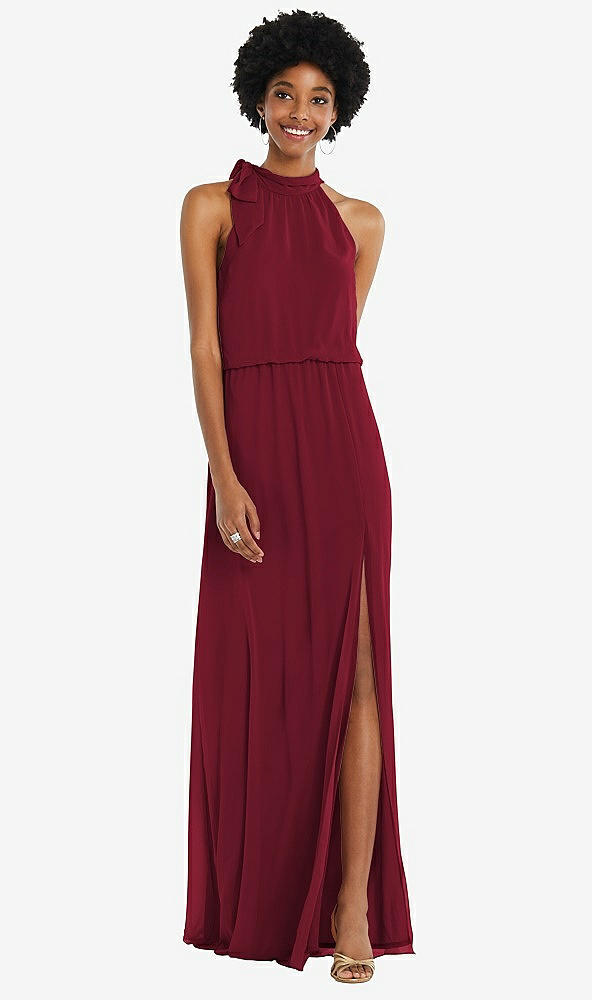 Front View - Burgundy Scarf Tie High Neck Blouson Bodice Maxi Dress with Front Slit