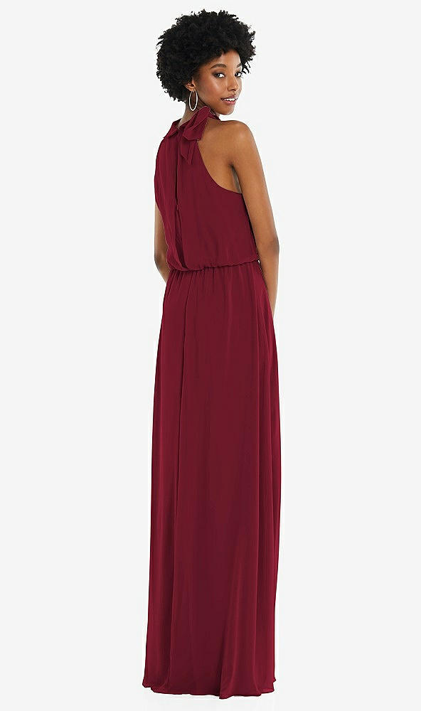 Back View - Burgundy Scarf Tie High Neck Blouson Bodice Maxi Dress with Front Slit