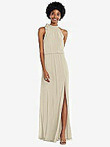Front View Thumbnail - Champagne Scarf Tie High Neck Blouson Bodice Maxi Dress with Front Slit