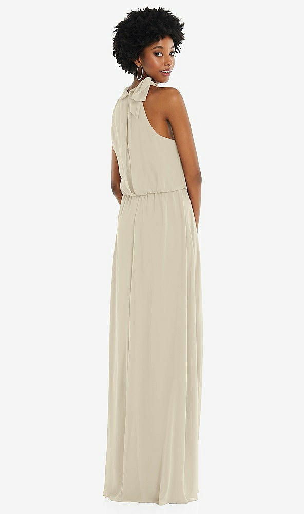 Back View - Champagne Scarf Tie High Neck Blouson Bodice Maxi Dress with Front Slit