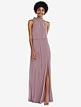 Front View Thumbnail - Dusty Rose Scarf Tie High Neck Blouson Bodice Maxi Dress with Front Slit