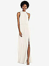 Front View Thumbnail - Ivory Scarf Tie High Neck Blouson Bodice Maxi Dress with Front Slit