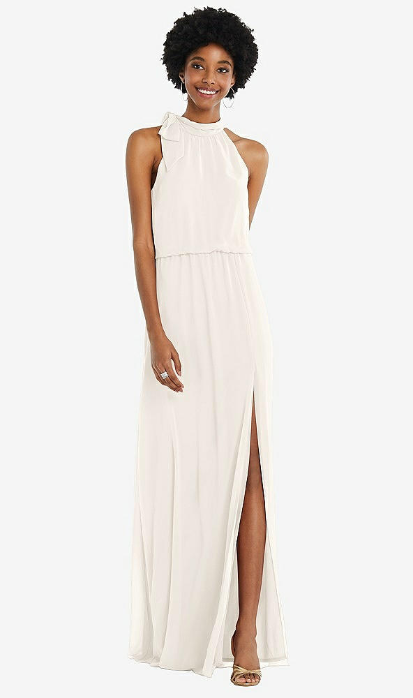 Front View - Ivory Scarf Tie High Neck Blouson Bodice Maxi Dress with Front Slit