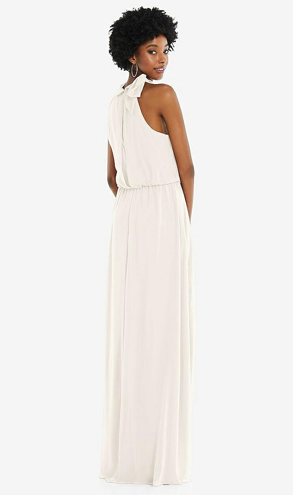 Back View - Ivory Scarf Tie High Neck Blouson Bodice Maxi Dress with Front Slit
