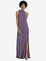 Front View Thumbnail - Lavender Scarf Tie High Neck Blouson Bodice Maxi Dress with Front Slit