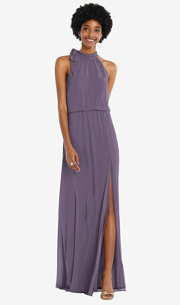 Front View - Lavender Scarf Tie High Neck Blouson Bodice Maxi Dress with Front Slit