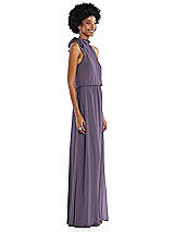 Side View Thumbnail - Lavender Scarf Tie High Neck Blouson Bodice Maxi Dress with Front Slit