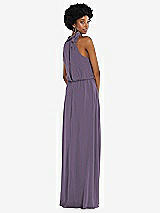 Rear View Thumbnail - Lavender Scarf Tie High Neck Blouson Bodice Maxi Dress with Front Slit