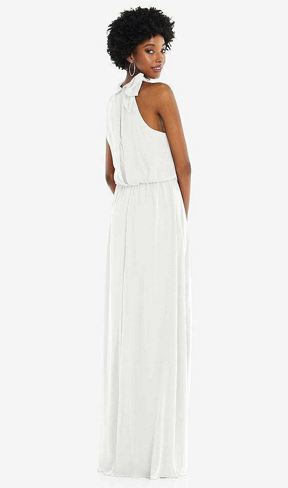 Back View - White Scarf Tie High Neck Blouson Bodice Maxi Dress with Front Slit