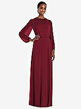 Front View Thumbnail - Burgundy Strapless Chiffon Maxi Dress with Puff Sleeve Blouson Overlay 