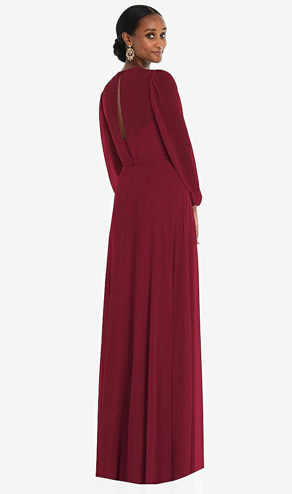 Back View - Burgundy Strapless Chiffon Maxi Dress with Puff Sleeve Blouson Overlay 