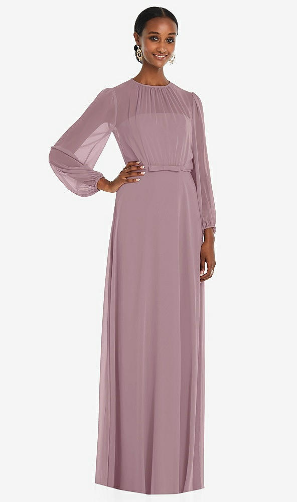 Front View - Dusty Rose Strapless Chiffon Maxi Dress with Puff Sleeve Blouson Overlay 
