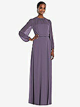 Front View Thumbnail - Lavender Strapless Chiffon Maxi Dress with Puff Sleeve Blouson Overlay 