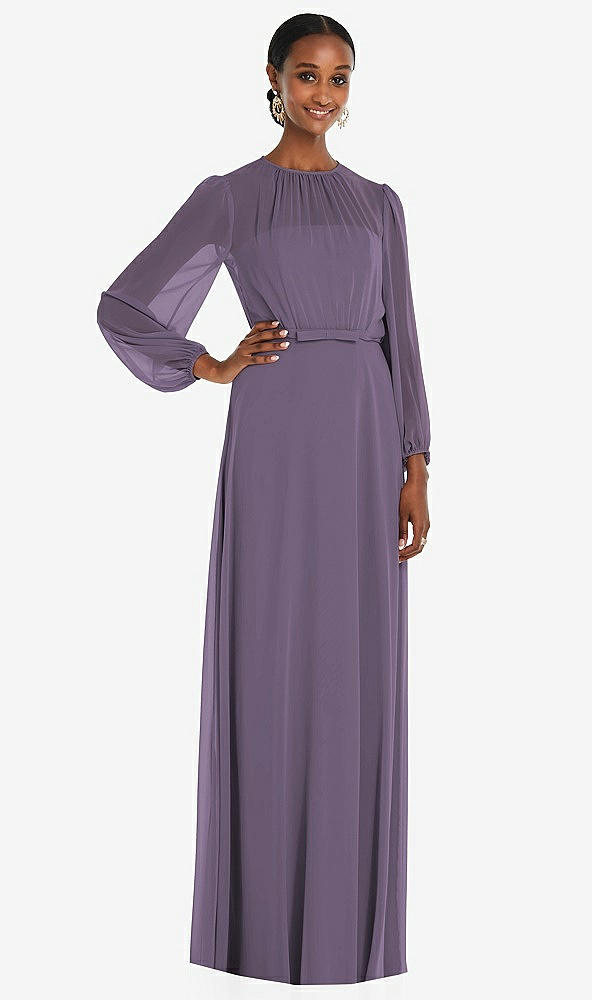 Front View - Lavender Strapless Chiffon Maxi Dress with Puff Sleeve Blouson Overlay 