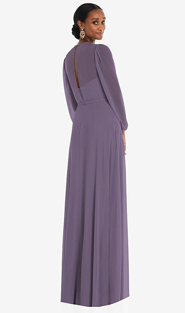 Back View - Lavender Strapless Chiffon Maxi Dress with Puff Sleeve Blouson Overlay 