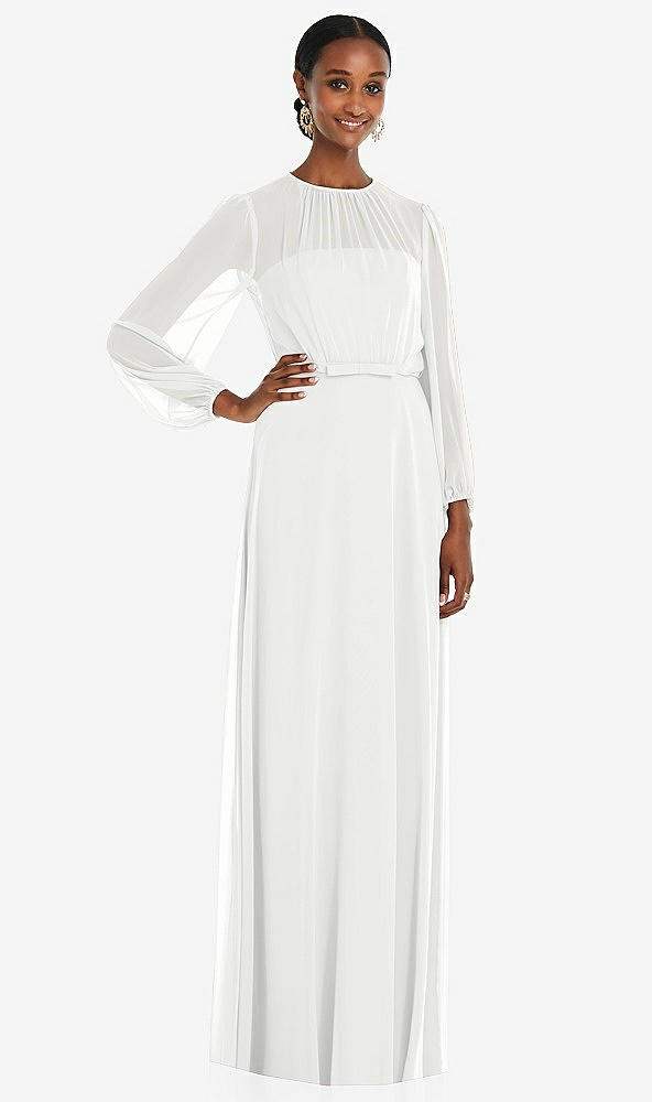 Front View - White Strapless Chiffon Maxi Dress with Puff Sleeve Blouson Overlay 