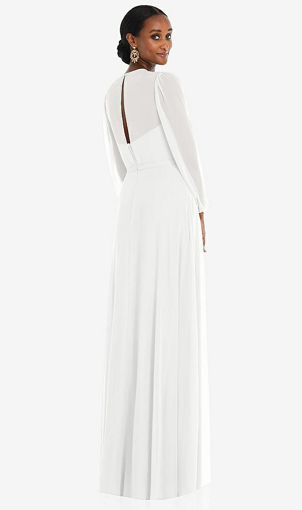 Back View - White Strapless Chiffon Maxi Dress with Puff Sleeve Blouson Overlay 