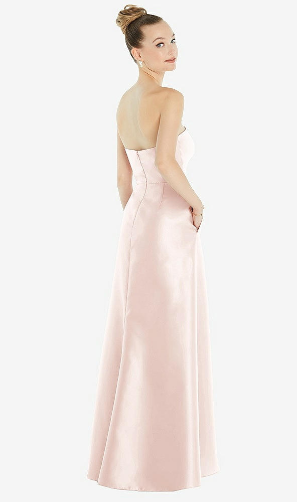 Back View - Blush Strapless Satin Gown with Draped Front Slit and Pockets