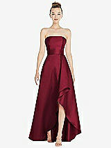 Front View Thumbnail - Burgundy Strapless Satin Gown with Draped Front Slit and Pockets