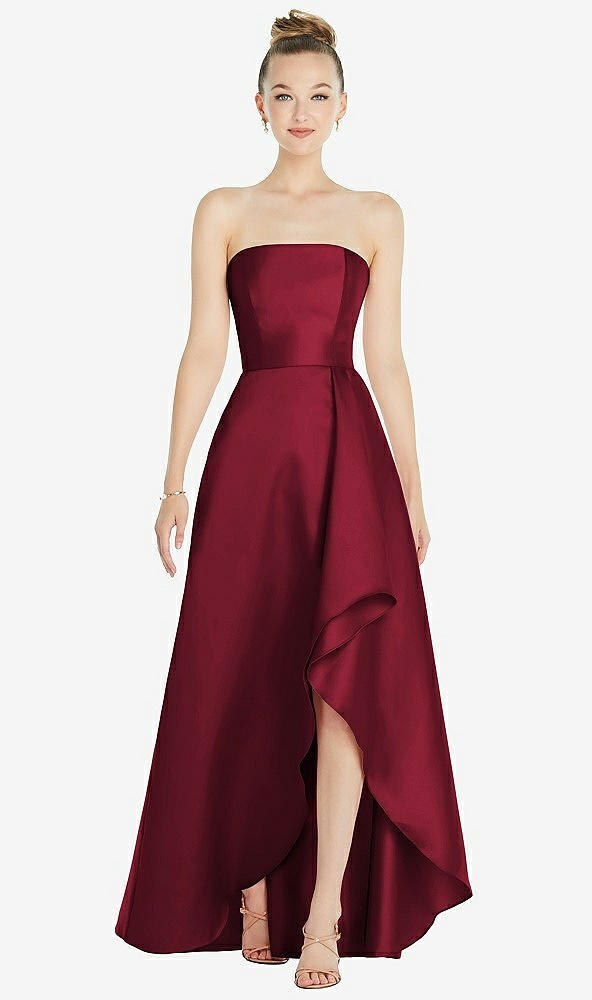 Front View - Burgundy Strapless Satin Gown with Draped Front Slit and Pockets