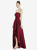 Side View Thumbnail - Burgundy Strapless Satin Gown with Draped Front Slit and Pockets
