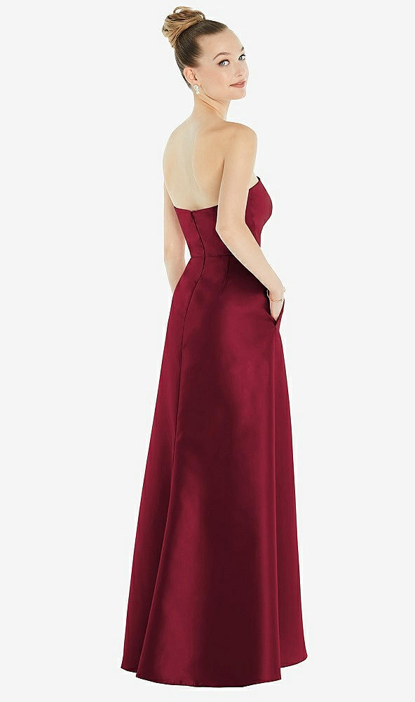 Back View - Burgundy Strapless Satin Gown with Draped Front Slit and Pockets