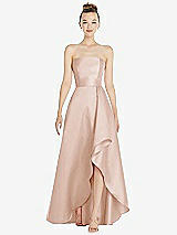 Front View Thumbnail - Cameo Strapless Satin Gown with Draped Front Slit and Pockets